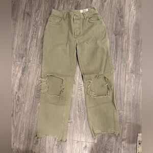 We The Free Olive Green Distressed Knee Jeans